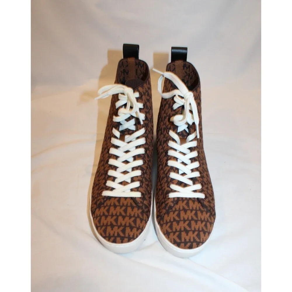 Michael Kors Edie Knit High Top Women's Sneakers Brown MK Monogram Logo sz 9.5